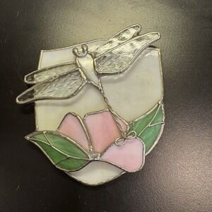 Stained Leaded Glass Suncatcher Ornament Multi-Layered Dragonfly  and  Flower